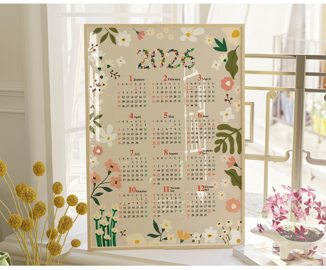 [A2 대형] 2026 한장 달력 포스터 벽걸이 캘린더 큰글 메모 인테리어 벽달력 (6종 디자인), 1매, 플라워 베이지