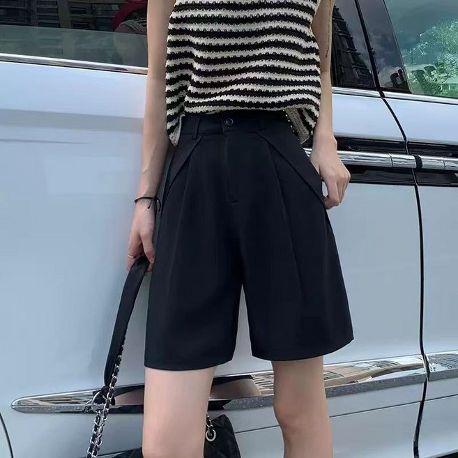 西裝褲 休閒褲 垂感 涼感褲 韓版垂墜百搭職業西褲夏季灰色西裝短褲女高腰寬鬆顯瘦a字休閒中褲黑色直筒五分褲