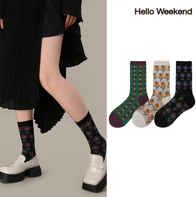 Hello Weekend 여성 배색 봄여름 양말 중목 양말 장목 양말 중목 양말 운동 패션 순면 양말 3족 세트