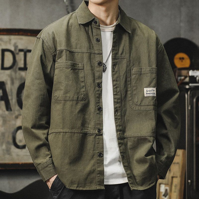 봄 가을 남성 캐주얼 카고 자켓 긴팔 루즈핏 티셔츠 빈티지 남방 얇은 패션 재킷 ZZQ