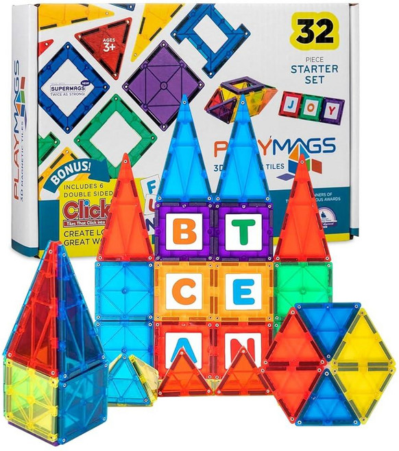 Playmags 대형 자석 피규어 커뮤니티 15피스 세트 - 자석 장난감 빌딩 블록에 적합한 7.6cm(3인치) 놀이 사람 - 아동용 STEM 학습 장난감 - 자석 타일 확장, 32 Pieces