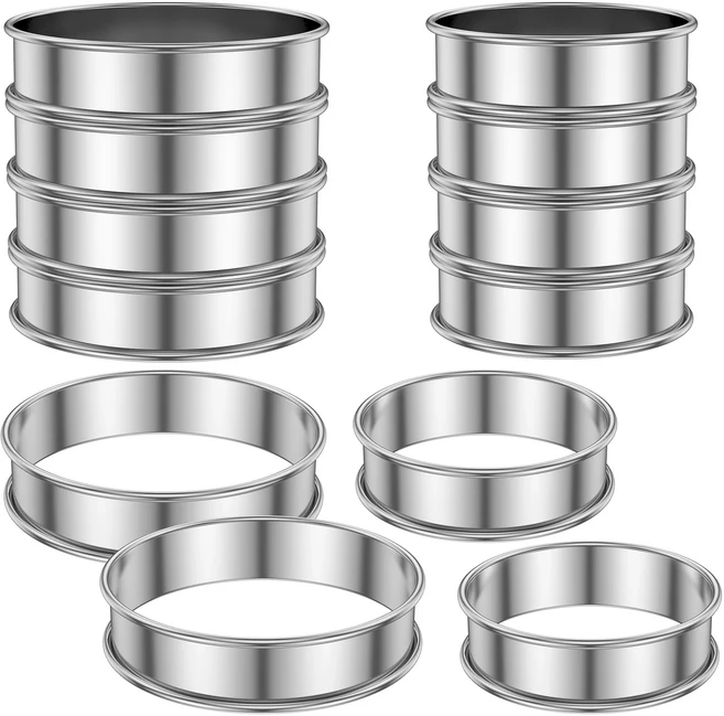 12Pcs 머핀 타트 반지 304 스테인레스 스틸 크럼펫 DIY 압연 쿠키 케이크 금형 만들기 Bakeware, 01 Smallx6 largex6