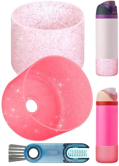 Toykee Owala Freesip 680.4g24온스용 실리콘 물병 부츠 2개 - 미끄럼 방지 보호 바닥 커버 범퍼 프로텍터 슬리브 액세서리 뚜껑 클리닝 브러시 포함 화이트, 레드 글리터+핑크 글리터, 1개