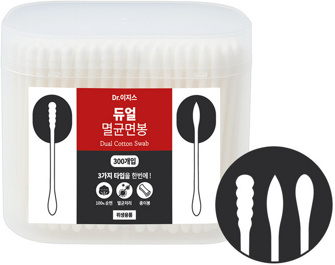 닥터이지스 3TYPE (둥근+나선+원뿔) 순면 듀얼 멸균면봉, 1개, 300개입