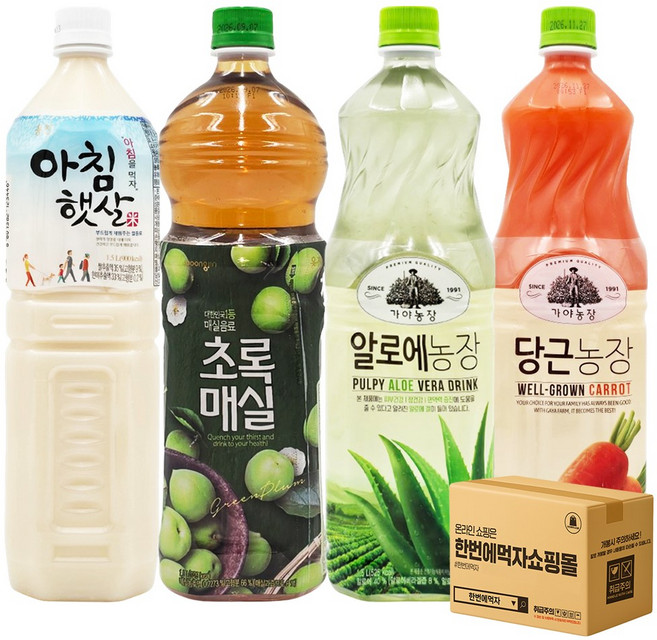 7332) [한번에먹자쇼핑몰] 1.5L 과즙음료 4종 (아침햇살 + 초록매실 + 가야 알로에농장 + 가야 당근농장) 각1개씩 총4페트