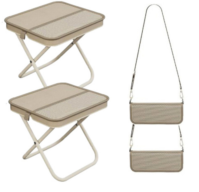 일상가 탄소강 휴대용 크로스백 파우치형 포켓형 초경량 캠핑 접이식 의자, 2개, 베이지