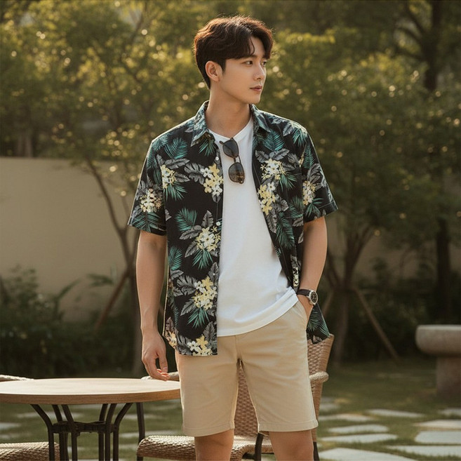 남성 휴양지룩 반팔 셔츠 하와이안 꽃무늬 바캉스 여름 셔츠