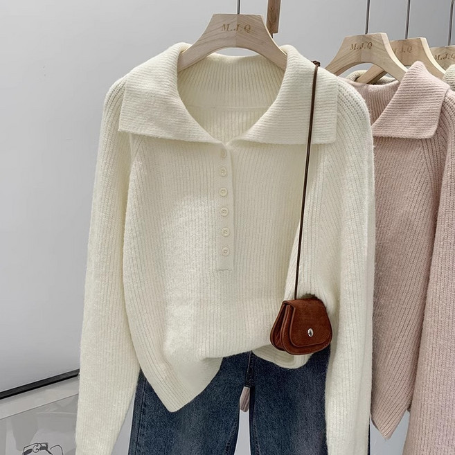 스윗하우스리 여성 여자 빅 카라 소프트 니트 스웨터 골지 상의 티셔츠