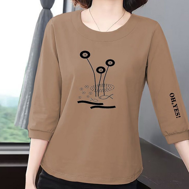 로르카 여성 라운드넥 레터링 프린트 칠부소매 얇은 빅사이즈 루즈핏 캐주얼 중년여성 티셔츠 R0031610