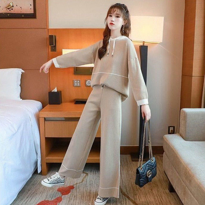 besteffie 여성용 봄 가을 겨울 투피스 세트 심플한 캐주얼 스타일 편안한 니트 후드티 루즈핏 데일리룩 K19