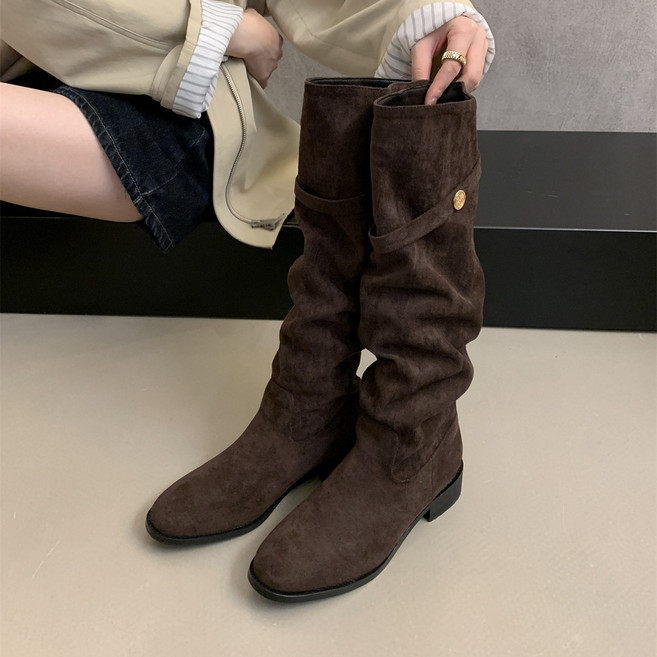 女款絨麵堆堆騎士靴 卡其色粗跟長靴