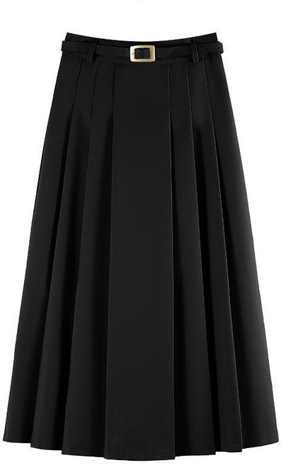 여성용 빅 사이즈 미디 정장 주름스커트 하이웨스트 A라인 스커트 벨트 장식