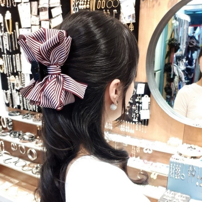 12cm 브라운 버건디 네이비 블랙 마린룩 스타일 스트라이프 리본 올림머리 반머리 집게핀