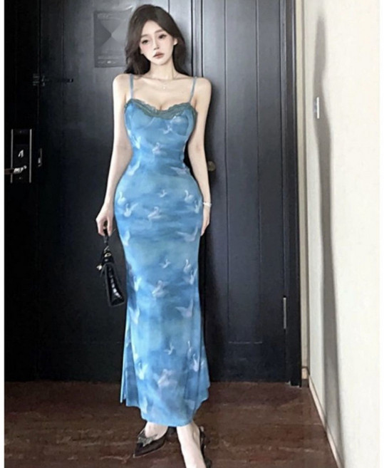 미중 여성 여름 뉴 빅사이즈 프린트 섹시 끈나시 레이스 허리조임 머메이드 원피스 Lcy