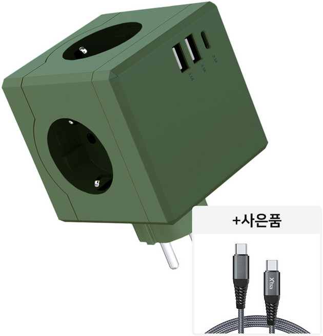 에코너 큐브 멀티탭 C타입 3구 4000W 고용량 + 100w 고속케이블 증정, MT01 그린, 1개, 7.6cm