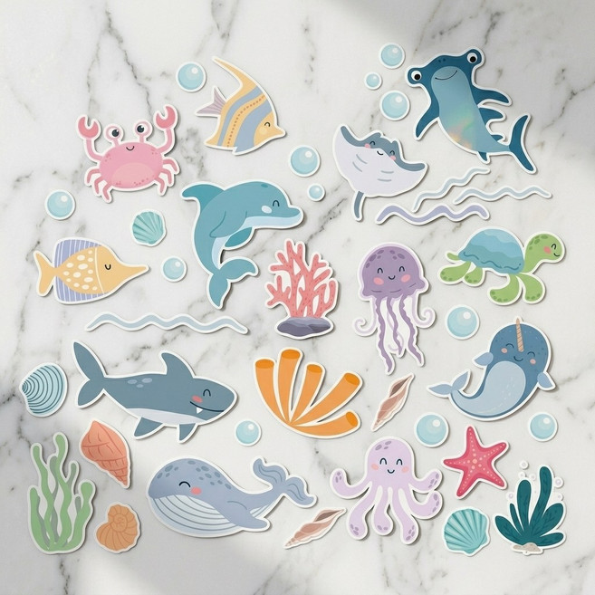 홈베리카 바다동물 욕실 포인트스티커 벽스티커, 혼합