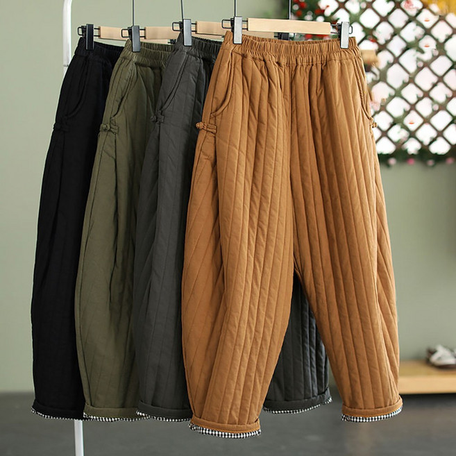 ROYALBELLE 여성 빅사이즈 루즈핏 밴딩 허리 누빔 배기팬츠 캐주얼 데일리 포켓 긴바지 D00111209