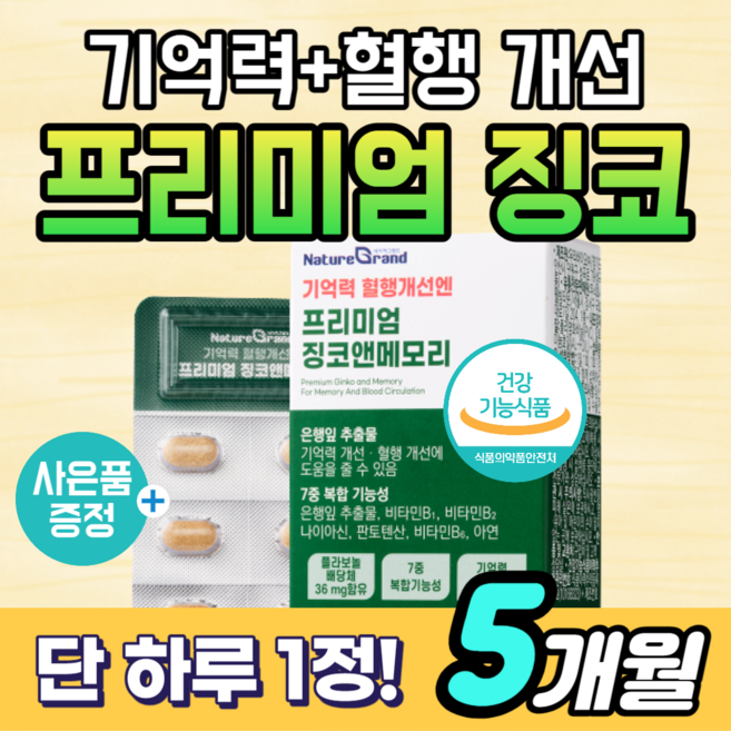기억력 혈행 개선 프리미엄 징코 영양제 뇌 수험생 청소년 식약청 인증 은행잎추출물 먹는 어린이 두뇌 플러스 건강, 5박스, 30정