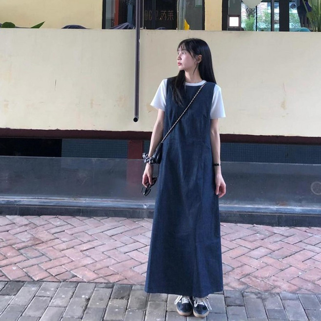 키작녀 적용 프렌치 민소매 데님 원피스 하이웨스트 a라인 심플 청치마