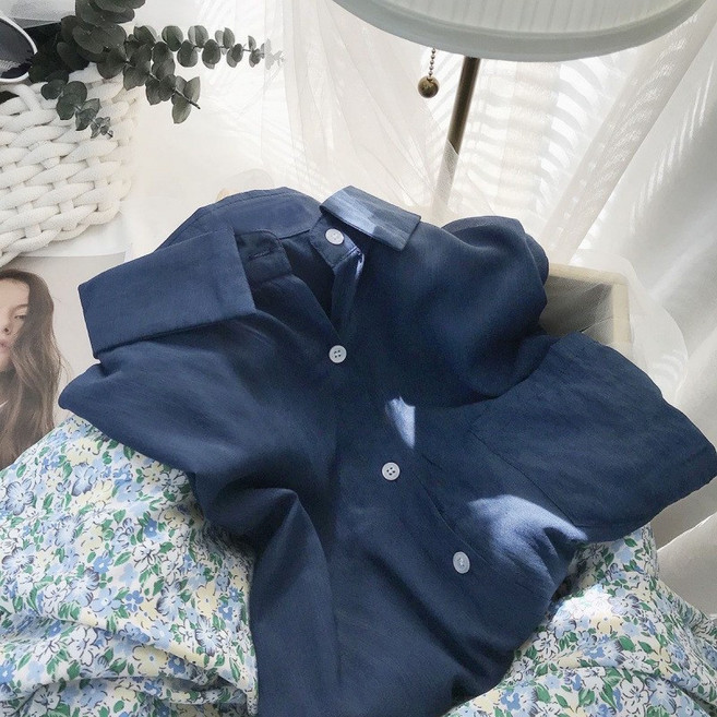 텐셀 셔츠 여 2024 여름 한국판 루즈핏 캐주얼 얇은 셔츠 긴팔 상의자외선 차단제