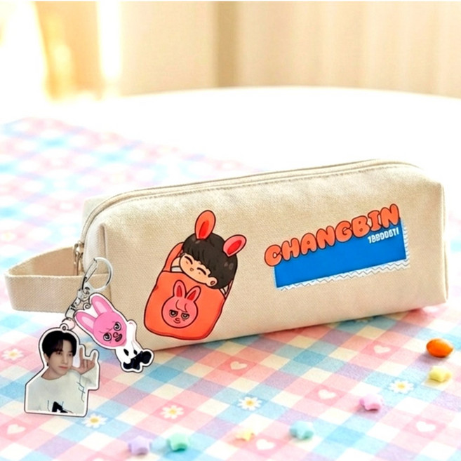 스트레이키즈 학생용 캔버스 필통 키링 학교 학원 데일리 파우치 스키즈 굿즈, 1개, 디자인 E