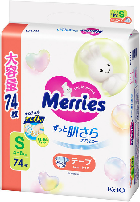 Merries S (4 ~ 8kg) 74 [Amazon.co.jp 메리즈 [테이프 사이즈] 사라사라 에어 스루 장, 소형(S)