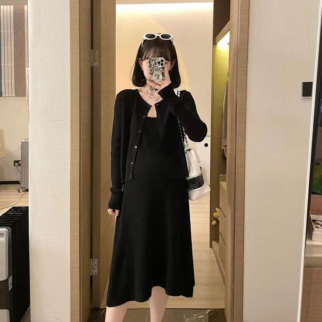 봄 가을 임산부 세트 캐주얼 패션 임부복 루즈핏 스트라이프 긴팔 가디건 + 나시 롱 원피스 투피스 세트 기질 임부옷 WXY