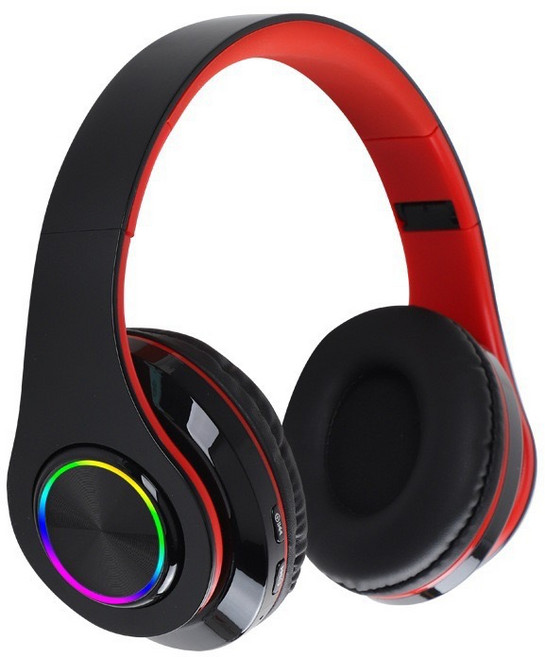 PYHO LED 발광 무선 블루투스 헤드셋 저음 향상 + 접이식 + 고음질 헤드폰, 블랙+레드