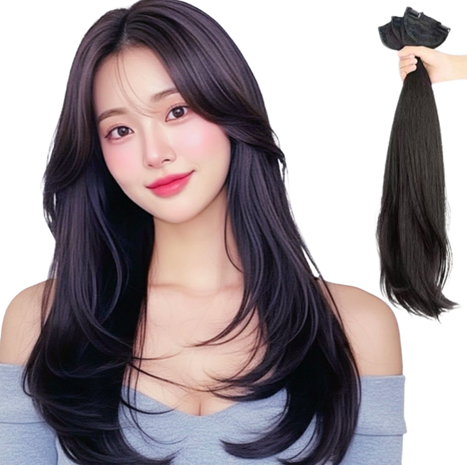 디올드 여배우 C컬펌 부분가발 똑딱이 3피스 붙임머리 가발, 1개, 내추럴블랙