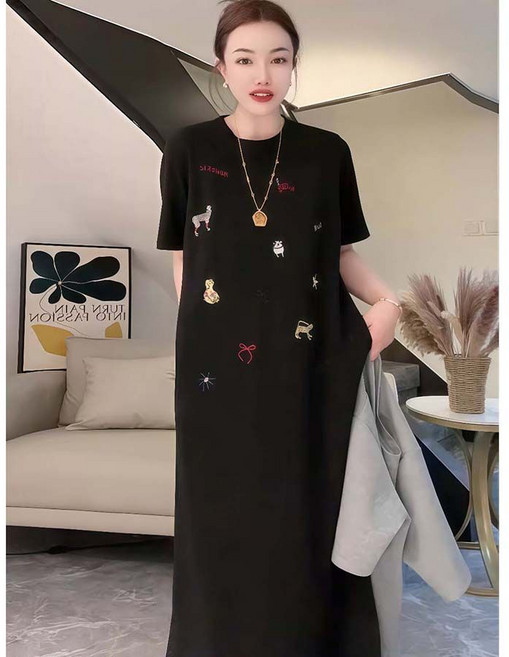 夏日寬鬆大碼短袖T恤連衣裙, 1個, 黑色4XL 建議180-200斤