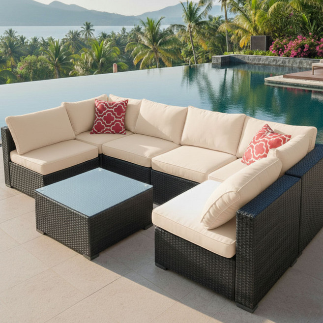 홈스월드 야외 라탄 소파 6인 소파테이블 세트 비치 의자 테라스 카페 루프탑, 01.라탄소파&테이블 세트-6인, 1개, 블랙