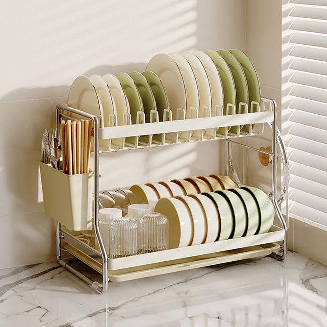 Holotap 미니 식기건조대 2단 그릇 정리대, 1개, 크림화이트