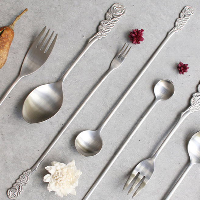 장미 스테인레스 스틸 스푼 포크 시리즈 수저세트 주방 인테리어 소품, 과일꽂이