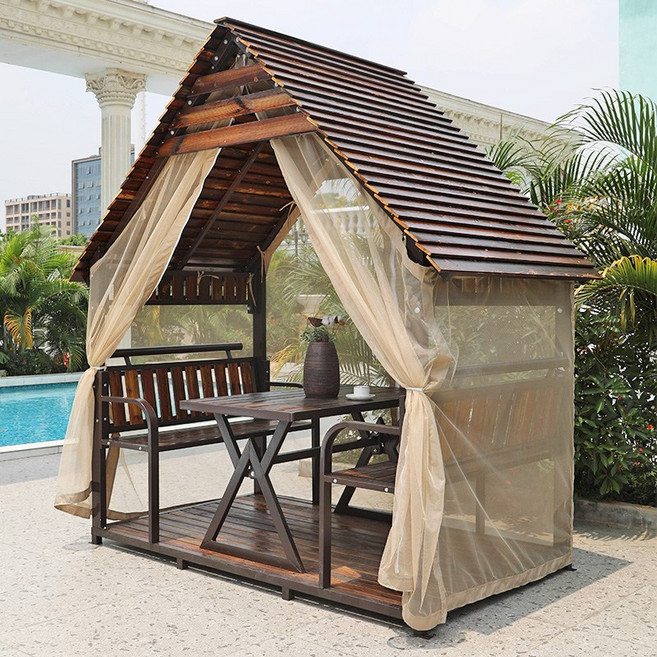 야외 정자 원두막 파걸러 사각 테라스 옥상 전원주택, 4인용목조탁자바닥커튼