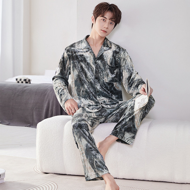 2026秋冬新款男士睡衣金絲絨加厚長袖翻領開衫套裝男款大碼家居服
