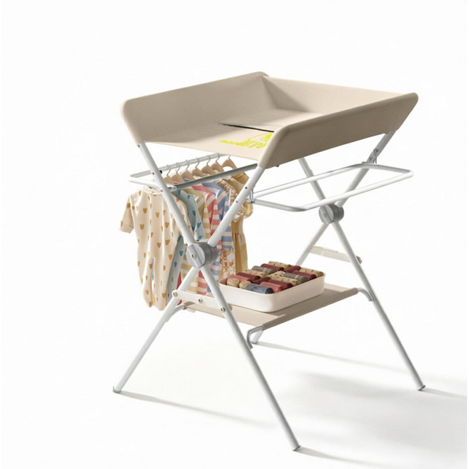 尿布臺嬰兒護理臺按摩洗澡可摺疊便攜多功能新生兒寶寶牀換撫觸臺, 初代款【置物架+晾衣杆】米黃色