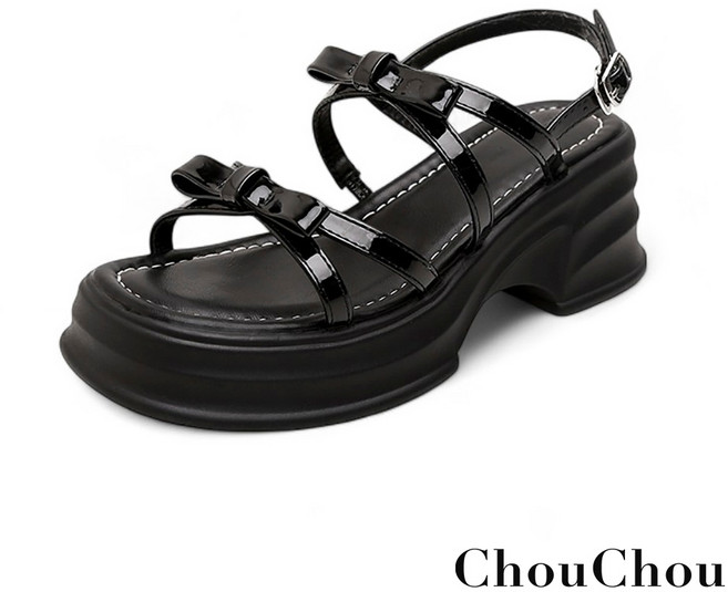 【ChouChou】法式蝴蝶結細帶厚底涼鞋 涼鞋女 富發牌旗艦店, 黑, 39