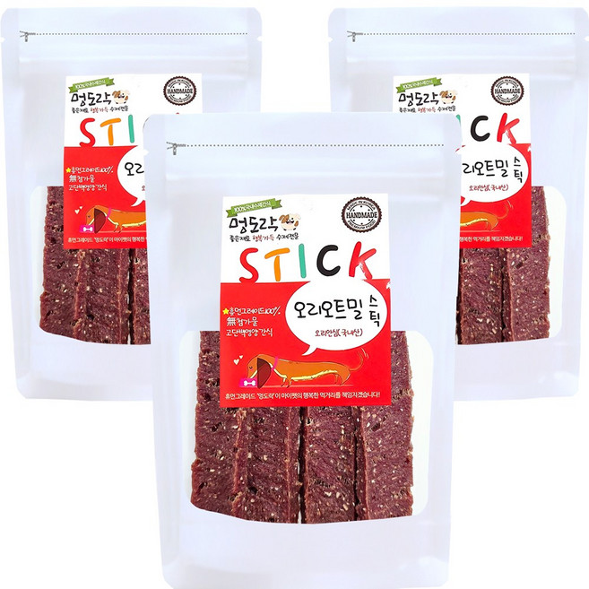 멍도락 강아지 수제간식 국내산 100% 오리북어 오리오트밀 피부모질도움 몸에좋은 국내산오리, 오리오트밀스틱, 80g, 3개