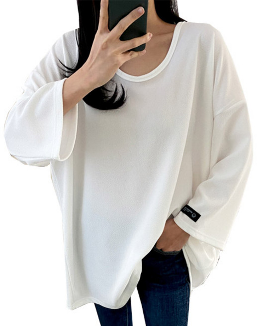 유넥 라벨 무지 박스 티 여성 빅사이즈 오버핏 루즈핏 긴팔 스판 66-120