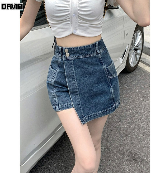 QRU 不規則牛仔裙褲女夏季小個子高腰a字半身裙辣妹復古顯瘦包臀短裙