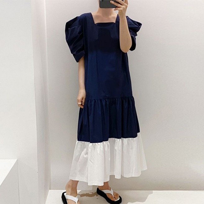 반팔 퍼프 소매 롱원피스 스퀘어플롱OPS