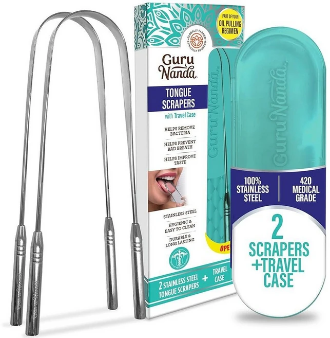 151979 GuruNanda 스테인리스 스틸 혀 스크레이퍼 (2개 팩) 구취 방지 의료 등급 100% 클리너 성인 및 아동용 스크레이퍼 구강 관리에 적합 여행 친화적 - 쿠팡