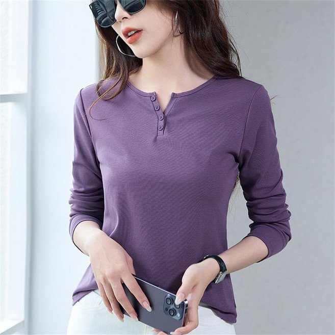 besteffie 여성 긴소매 티셔츠 봄 가을 캐주얼 단추 디자인 포인트넥 이너티