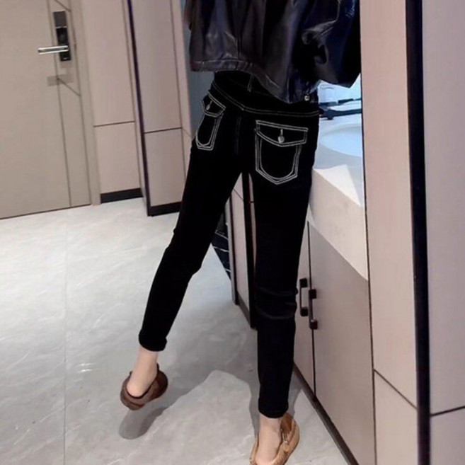 히또리 P0826 캐주얼 쓰리버튼 스티치 흑청 스키니 블랙진