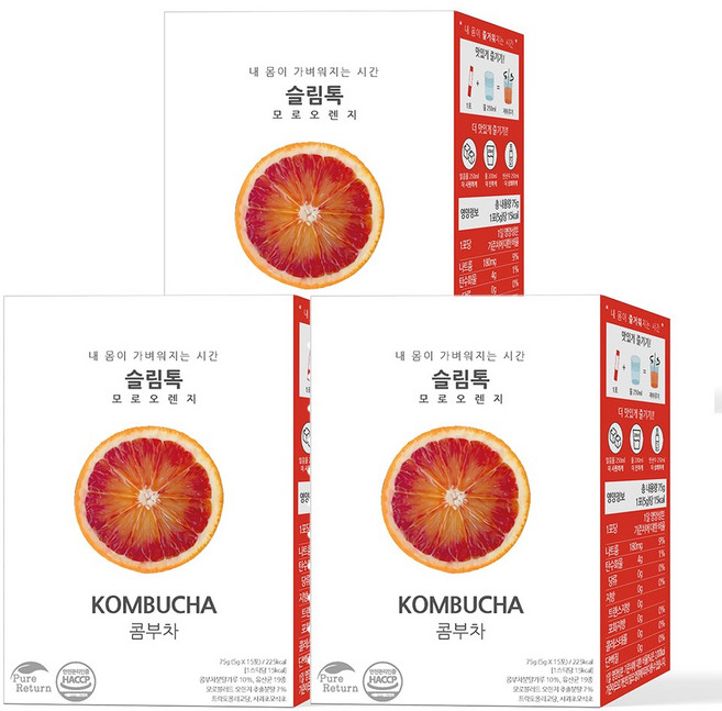 퓨어리턴 슬림톡 콤부차 모로오렌지 15포 3박스 유산균 사과초모식초, 5g, 15개입, 3개