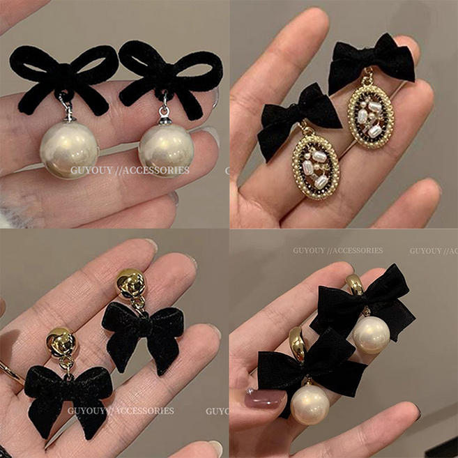 FANSYLI 18k 리본귀걸이 진주 리본 귀걸이 링귀걸이 써지컬귀걸이 특이한귀걸이 블랙귀걸이0824K4