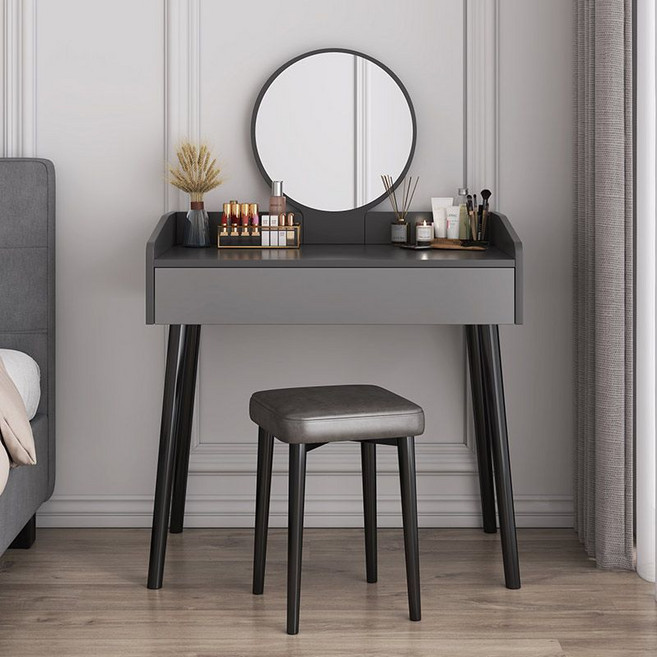원형 거울 단서랍 화장대 나무다리 의자 세트 소형 침실 가구, 짙은 회색60cm