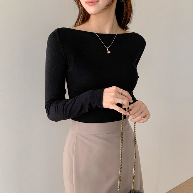 데일리앤 립라인 여성 무지 슬림 쫀득 골지 보트넥 티셔츠