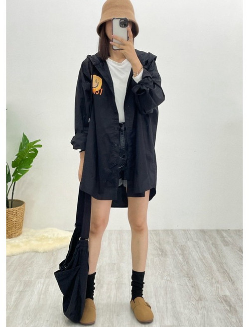 微笑連帽長版襯衫 #B001