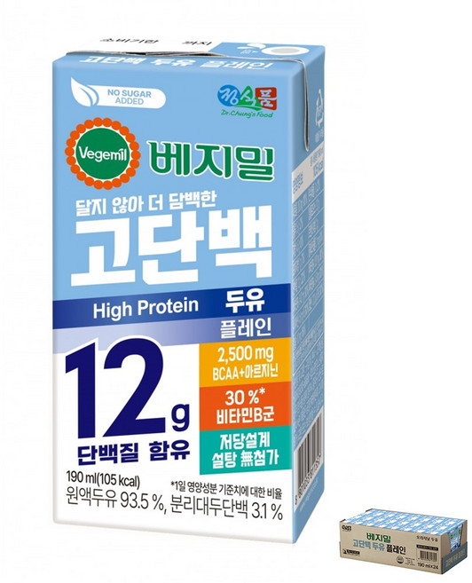 베지밀 고단백 두유 플레인 설탕무첨가 저당두유 (신제품 플레인), 24개, 190ml